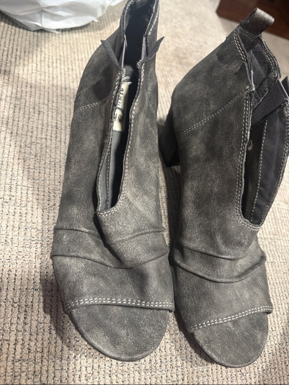 Very G Gray Suede Peep-Toe Ankle Mules with Block Heel